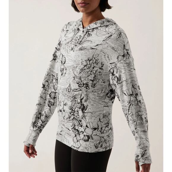 Athleta Balance Hoodie Sweatshirt Medium Eden Floral Gray Pull Over Modal Sporty - Picture 1 of 11
